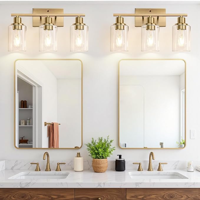 3 Light Bathroom Light Fixtures, Brass Vanity Lights for Bathroom with Clear Glass Shades, Modern Bathroom Wall Sconces for Mirror Living Room Cabinet-CasaMuseHome