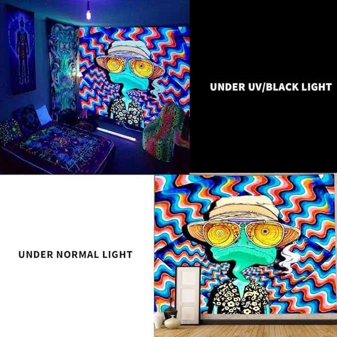 ADDWel Blacklight Frog Tapestry, Hippie Alien Tapestry Glow In The Dark, UV Reactive Black Light Upright Posters Wall Hanging for Bedroom Dorm Living Room Backdrop Decor-CasaMuseHome