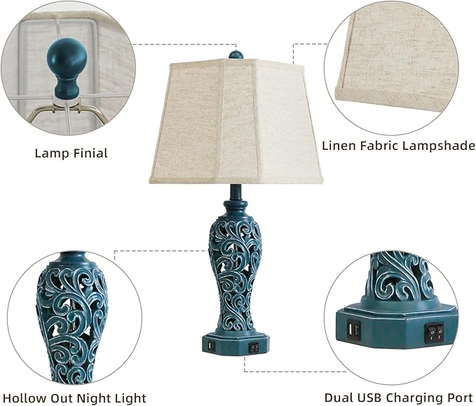 25'' Farmhouse Table Lamps Set of 2 for Living Room Bedroom, 2 USB Ports Coastal Vintage Table Lamp with Nightlight, Blue Green Hollow Out Resin Lamp for End Table (Bulbs Included)-CasaMuseHome