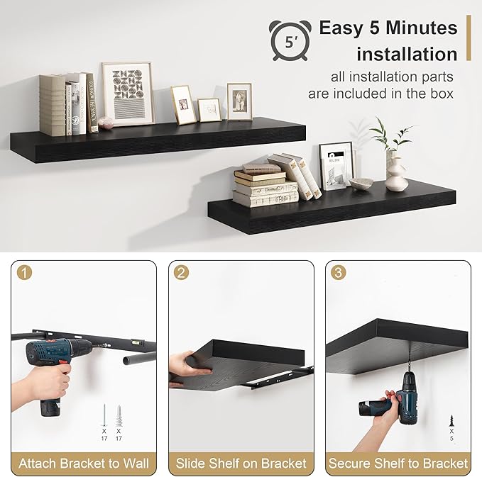 12" Deep Black Floating Shelves,Over Toilet Long Wall Mounted Modern Farmhouse 36 inches,Wall Shelves with Invisible Brackets for Bedroom, Bathroom, Living Room, Kitchen, Set of 1-CasaMuseHome