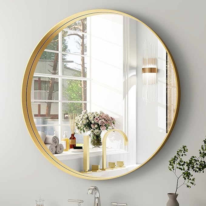 30 Inch Round Bathroom Mirror - Wall Mounted Circle Mirror with Metal Frame, Modern Mirror Suitable for Bathroom, Vanity, Entryway, Living Room, Wall Decor,Gold-CasaMuseHome