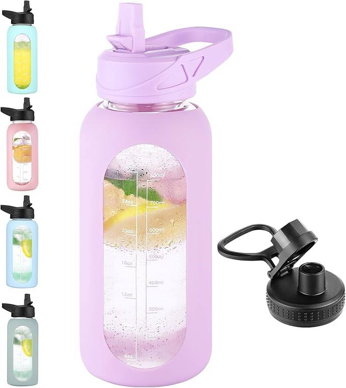 32 oz Glass Water Bottle with Straw and Handle, Sports Motivational Water Flask with Silicone Sleeve, Large Leakproof Water Flask Cup with Time Marker for Travel, Gym, Purple-CasaMuseHome