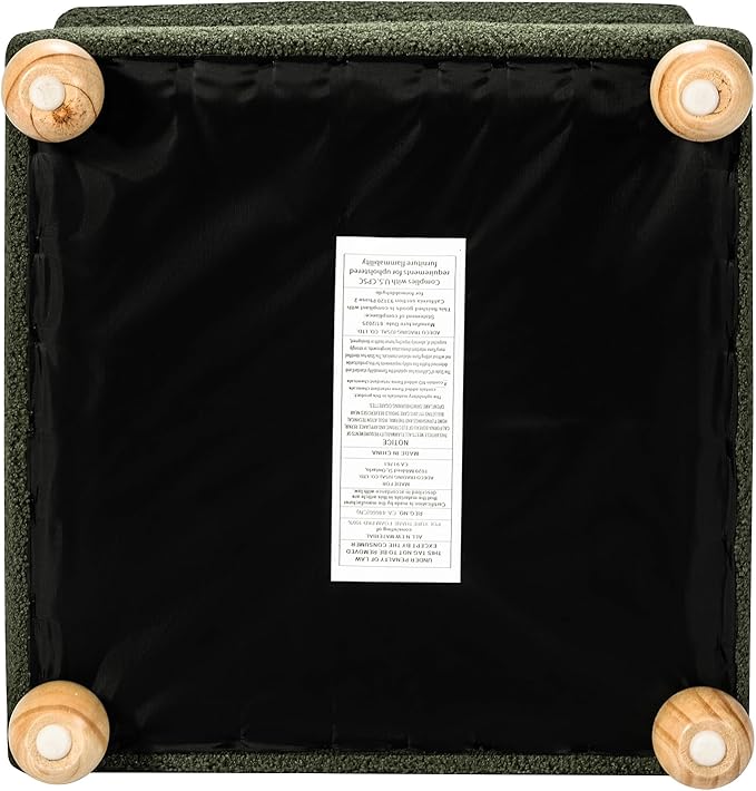 Adeco 17 Inch Soft Dark Green Cube Ottoman Storage, Teddy Velvet Chair Foot Stools, Upholstered Vanity Stool with Hinged Lid, Solid Round Wood Legs-CasaMuseHome