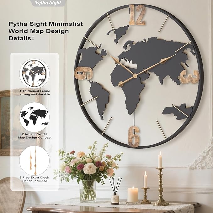 36 Inch Oversized Giant Extra Large Modern Decorative Metal World Map Wall Clock,Big Vintage Gold Arabic Numeral Wall Clocks for Living Room,Entryway,Office,Fireplace,Dining Room-CasaMuseHome