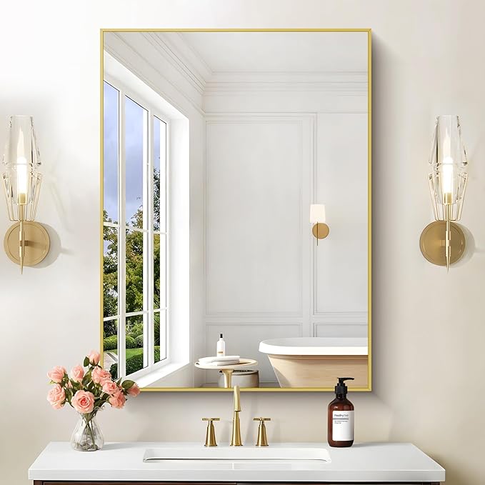 30x40In Gold Bathroom Mirror for Wall, Brushed Gold Rectangle Mirrors with Metal Frame, Bathroom Rectangular Mirror Modern Wall Mirror for Bedroom Living Room, Hangs Horizontal or Vertical-CasaMuseHome