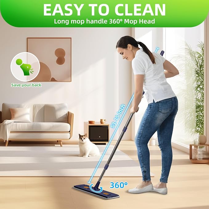 360° Mop and Bucket Set with Wringer – Microfiber Floor Mop System for Home Cleaning – Long Handle, Wash & Dry Dual Tank, Extra Absorbent Pads, Space-Saving Design for Hardwood, Tile & Laminate Floors-CasaMuseHome