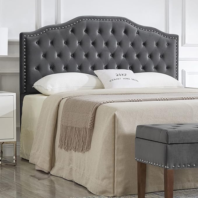 24KF Upholstered Button Tufted Queen/Full Size Headboard with Nailhead Trim, Soft Velvet Fabric - Dark Gray-CasaMuseHome