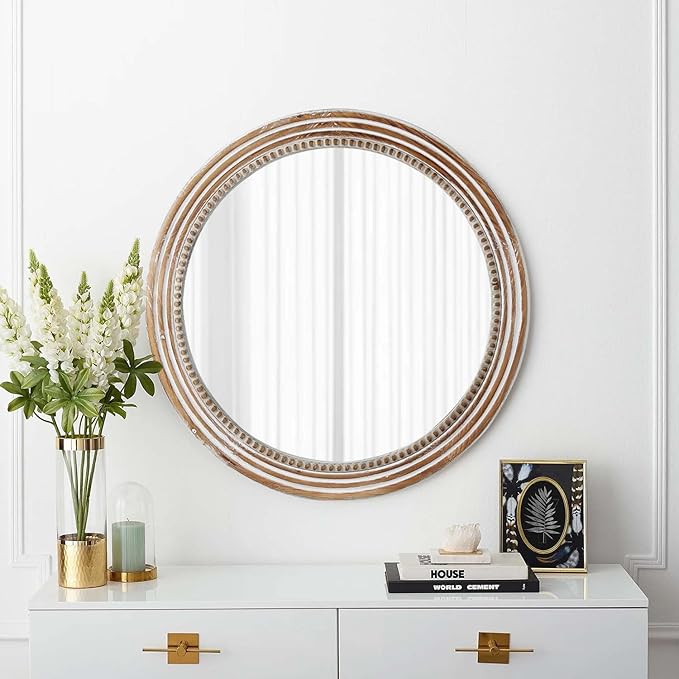 24 Inch Rustic Round Mirror - Farmhouse Vintage Bathroom Vanity Mirror, Wall-Mounted Round Mirrors for Bathroom Sink, Bedroom & Living Room and Framed Decorative Restroom Mirror-CasaMuseHome