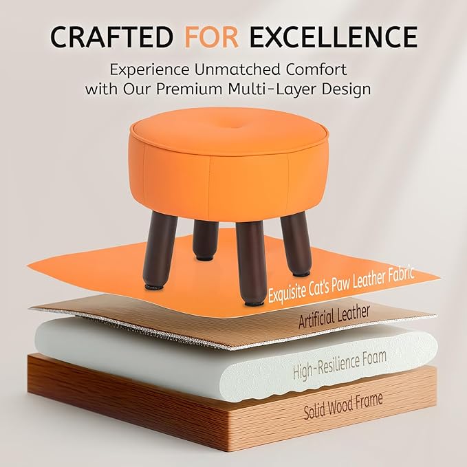 13in Small Foot Stool Ottoman, Round Faux Leather Foot Rest for Couch, Under Desk Pouf Footstool Footrest with Non-Skid Rubber Legs for Ling Room, Bedroom, 13''L x 13''W x 10.2''H, Orange-CasaMuseHome