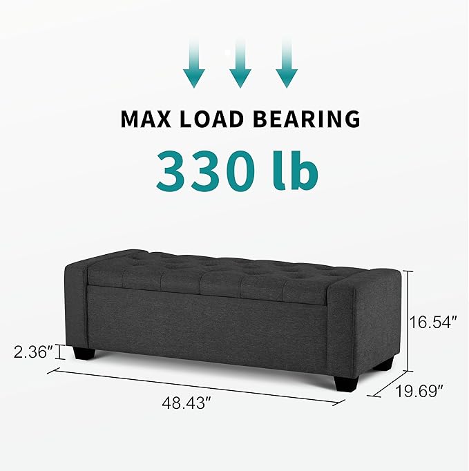 48" Ottoman with Storage, Storage Ottoman Bench with Safety Hinge, Upholstered Entryway Bench with Seating for Bedroom, Living Room, Holds up to 330 lb, Dark Gray-CasaMuseHome