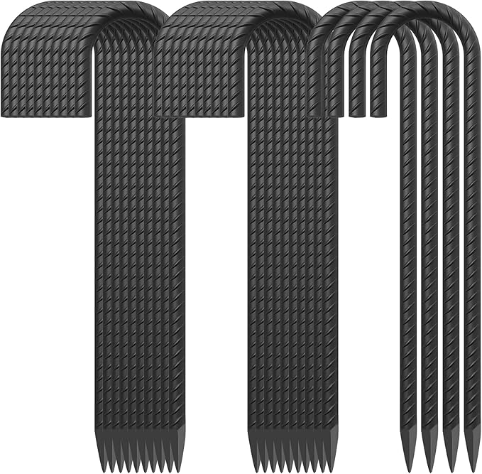 16 Inch Rebar Ground Stakes 24 Pack Heavy Duty J Hook Ground Anchors 3/8 Inch Diameter Steel Rebar Tent Stakes with Chisel Point End for Chain Link Fence, Canopy and Trampoline, Black-CasaMuseHome