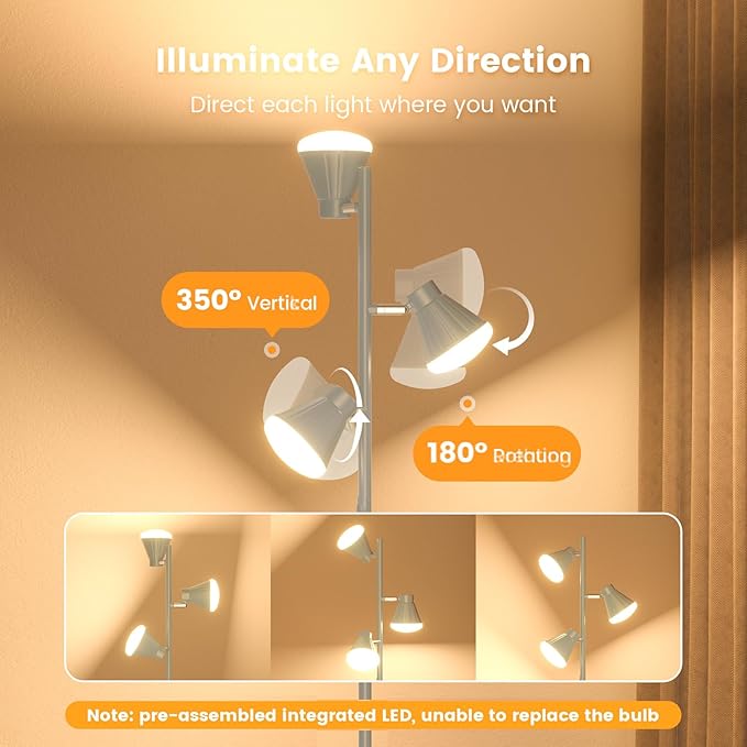 36W LED Tree Floor Lamp, Dimmable Tall Standing Lamp with Remote & Touch Control, 4 Color Temperatures Bright Floor Lamp, 3 Rotatable Light Modern Floor Lamps (Silver Gray)-CasaMuseHome