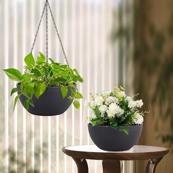 8 inch Small Hanging Planters Plant Pots for Indoor Outdoor Plants, 2 Pack Hanging Flower Pots with Drainage Holes and Chain for Garden Porch, Plastic Hanging Baskets for House Plants, Black-CasaMuseHome