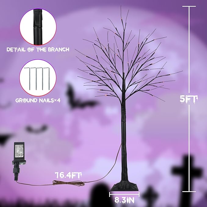 2Pack 5FT 200LED Black Halloween Tree Lights, Timer Function Lighted Black Trees with Purple and Orange Lights, Spooky Trees Light for Indoor Outdoor Halloween Decorations-CasaMuseHome