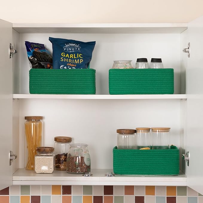 3 Pack Small Storage Baskets for Organizing, Cute Woven Decorative Gift Baskets for Shelves, Mini Closet Organizer Bins with Handles, 11.81''Lx7.87''Wx4.72''H-Green-CasaMuseHome
