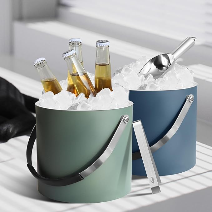 3L Ice Bucket with Silicone Lid, Scoop, Tongs & Strainer, Stainless Steel Double Wall Insulated Ice Buckets for Parties & Cocktail Bar, Outdoor Champagne Ice Container Bin, Dusty Green-CasaMuseHome