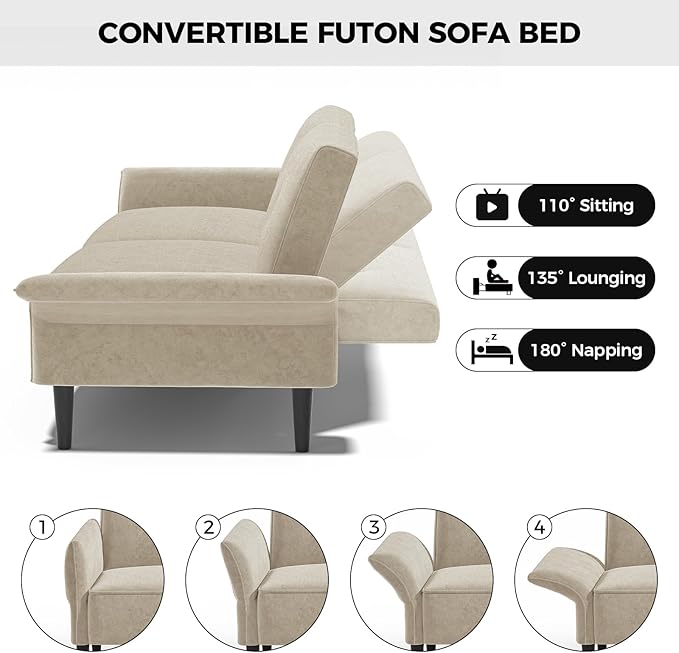 89” Futon Sofa Bed, Velvet Fabric Comfy Futon Couch Bed with 2 Square Pillows, Convertible Sleeper Sofa with Adjustable Backrest& Armrests, Modern Loveseat Sleeper for Living Room, Beige-CasaMuseHome
