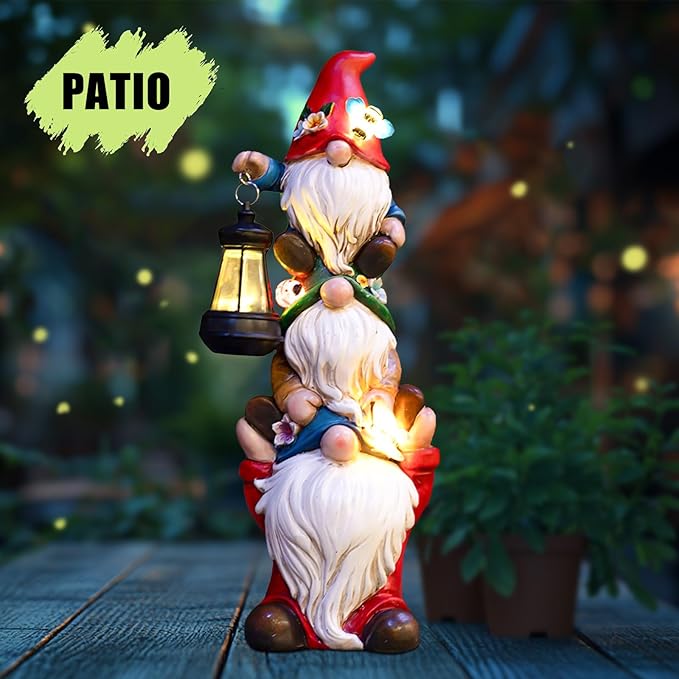 17 in Large Garden Gnome Statue with Solar Lights Sculptures Funny Triple Big Gnome Outdoor Patio Lawn Yard Balcony Garden Home Decor Gifts for Women Mom-CasaMuseHome