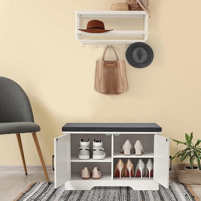 2-Tier Storage Bench, Shoe Bench with Padded Seat Cushion, Entryway Bench with 2 Barn Doors, Adjustable Shelf, 13.8" D x 27.6" W x 17.7" H, for Entryway, Living Room, Bedroom, White-CasaMuseHome