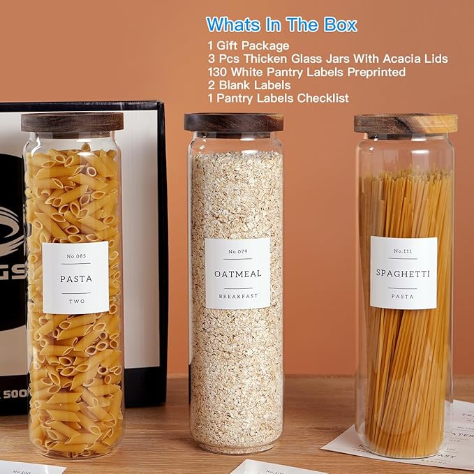 3 Set Glass Pantry Storage Jars with Acacia Airtight Lid - 50oz Thicken Glass Kitchen Canisters with 132 Pantry Labels - Tall Food Storage Containers with Wood Lid for Pasta,Spaghetti,Cereal-CasaMuseHome