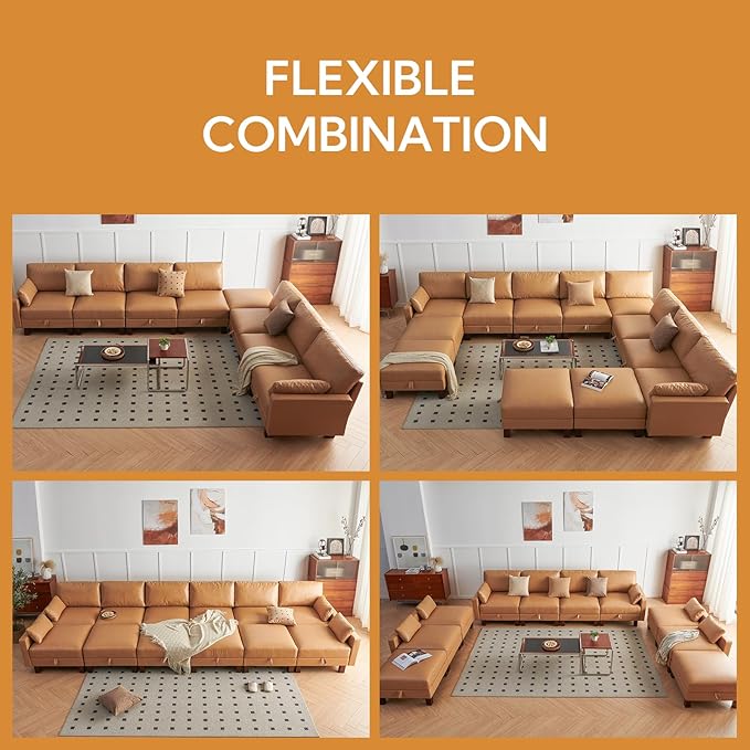 L Shape Modular Sofa, Faux Leather Sectional, 98'' 4 Seater Couch, Mid Century Modern Decor Couch, Office Sectional Sofa Bed, for House, Apartment, Living Room, Tan-CasaMuseHome