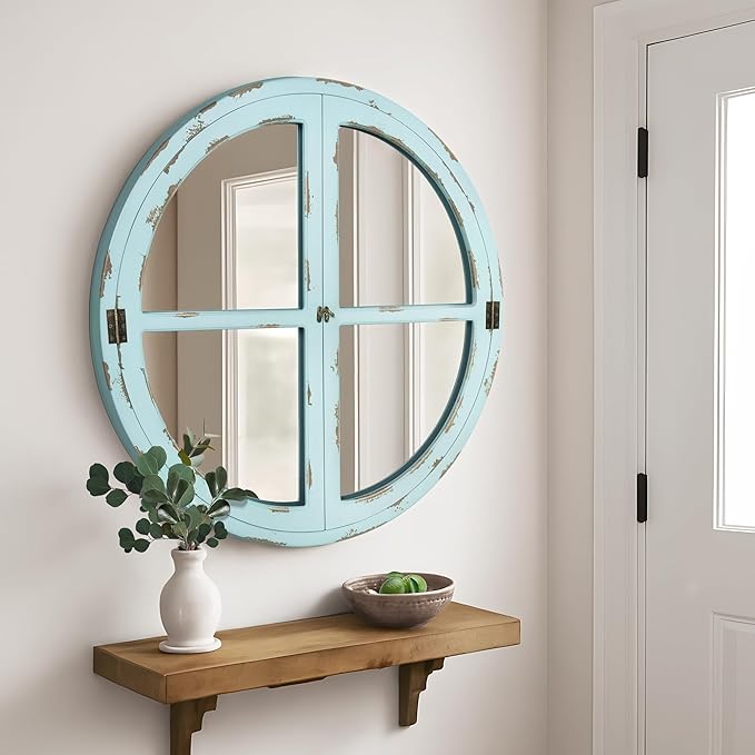 30" Round Window Mirror, Vintage Coastal Wall Mirror with Distressed Blue Wood Frame & Faux Windowpanes, Farmhouse Cottagecore Decor for Living Room, Entryway, or Dining Room-CasaMuseHome