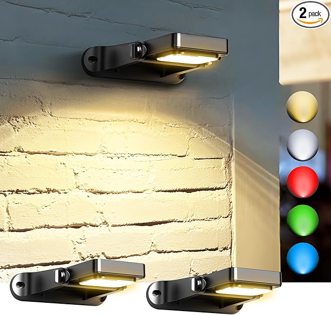 200LM Solar Wall Lights Outdoor 6 Colors, 2200mAh Long Lasting Solar Powered Deck Lights, 360° Adjustable Porch Light IP65 Waterproof, Glass Panel Fence Light for Gutter, Step, 2 Pack-CasaMuseHome