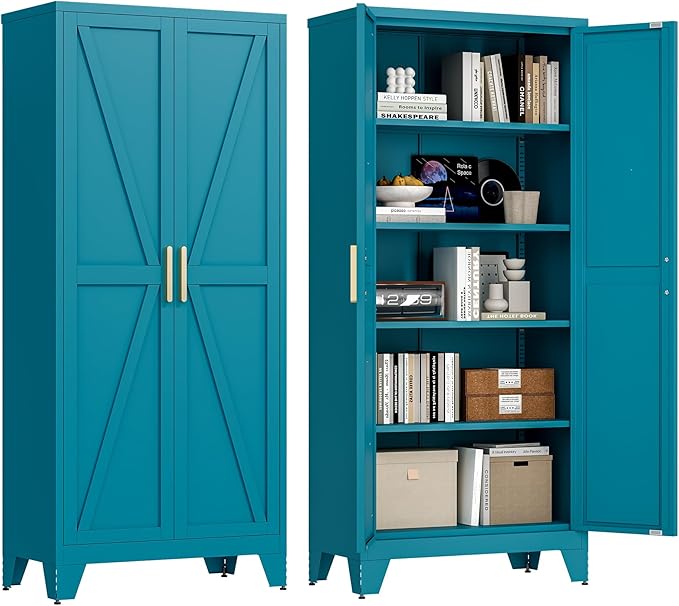 71'' Farmhouse Metal Storage Cabinet with Barn Doors,Steel File Cabinet for Home Office,Kitchen Pantry 4 Adjustable Shelves,Freestanding Cupboard for Kitchen,Home Office (Peacock Blue)-CasaMuseHome