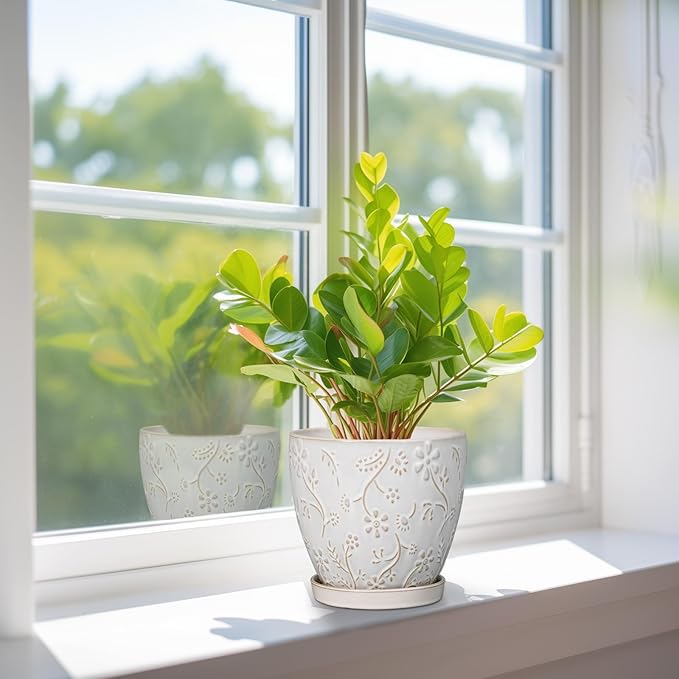 6 Inch Ceramic Plant Pot for Indoor Plants Outdoor Round Planter Flower Pot with Drainage Hole and Saucer for Home Garden Office Decor White-CasaMuseHome