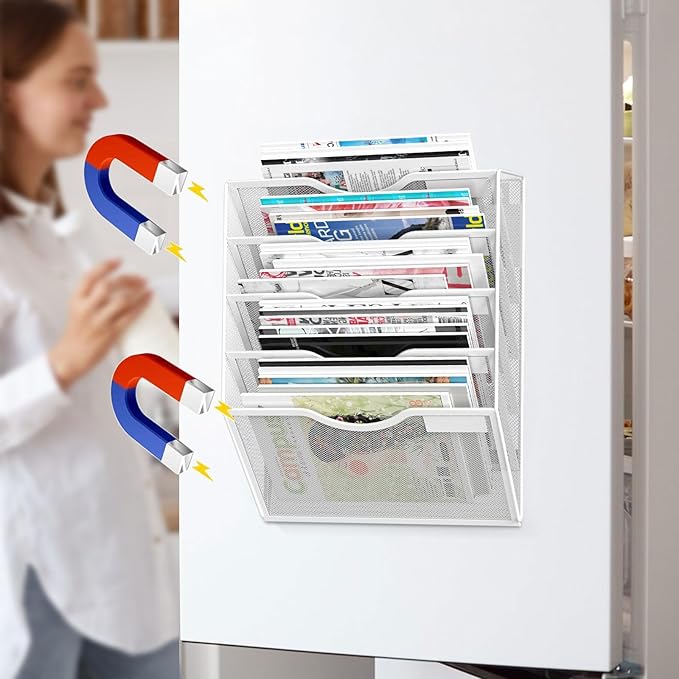 5-Tier Magnetic File Organizer, No Drilling Installation, White Magnetic Paper Holder, Magazine Rack for Refrigerator and File Cabinets-CasaMuseHome