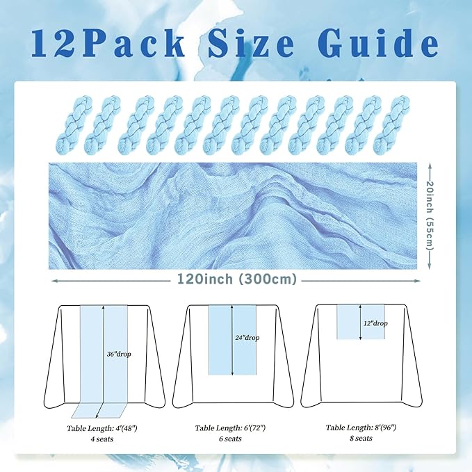 12 Pack Baby Blue Cheesecloth Table Runner 20 x 120 Inch Long Rustic Gauze Cheese Cloth Table Runner for Wedding 10FT Bridal Baby Shower Table Decorations Boho Fabric Sheer Birthday Party Table Decor-CasaMuseHome