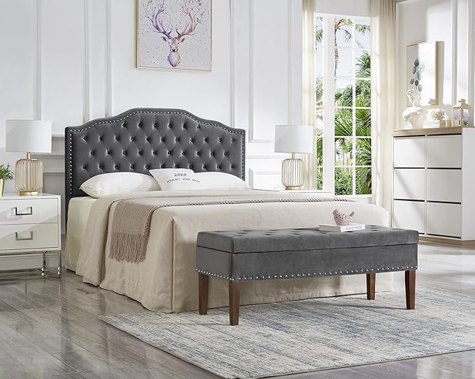 24KF Upholstered Button Tufted Queen/Full Size Headboard with Nailhead Trim, Soft Velvet Fabric - Dark Gray-CasaMuseHome