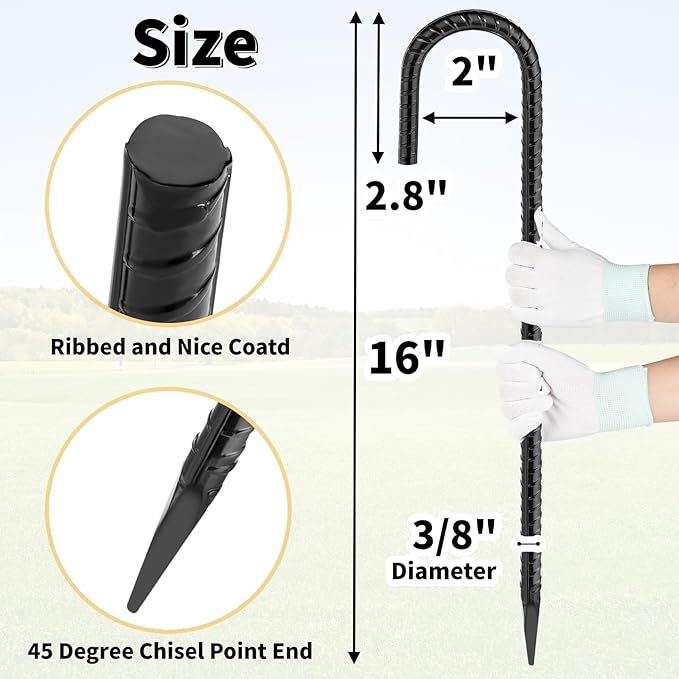 16 Inches 24-Pack J Hook Rebar Stakes Heavy Duty Tent Stakes with Chisel Point End, Steel Ground Anchors Metal Garden Stakes Chain Link Fence Stakes Black Coated-CasaMuseHome