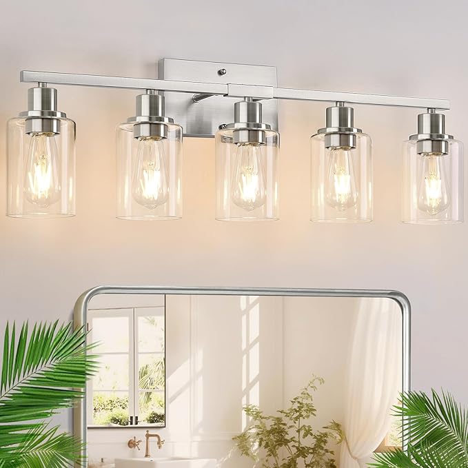 5-Light Bathroom Light Fixtures, Brushed Nickel Bathroom Vanity Light with Clear Glass Shades, Modern Bathroom Wall Lamp for Mirror Living Room Cabinet Bedroom Porch-CasaMuseHome