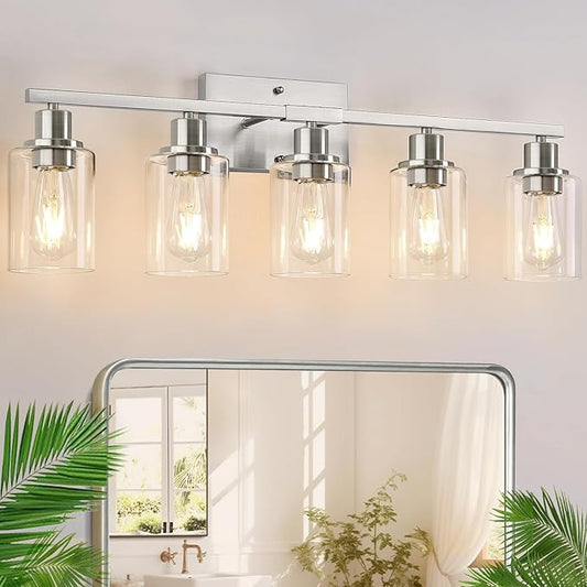 5-Light Bathroom Light Fixtures, Brushed Nickel Bathroom Vanity Light with Clear Glass Shades, Modern Bathroom Wall Lamp for Mirror Living Room Cabinet Bedroom Porch-CasaMuseHome