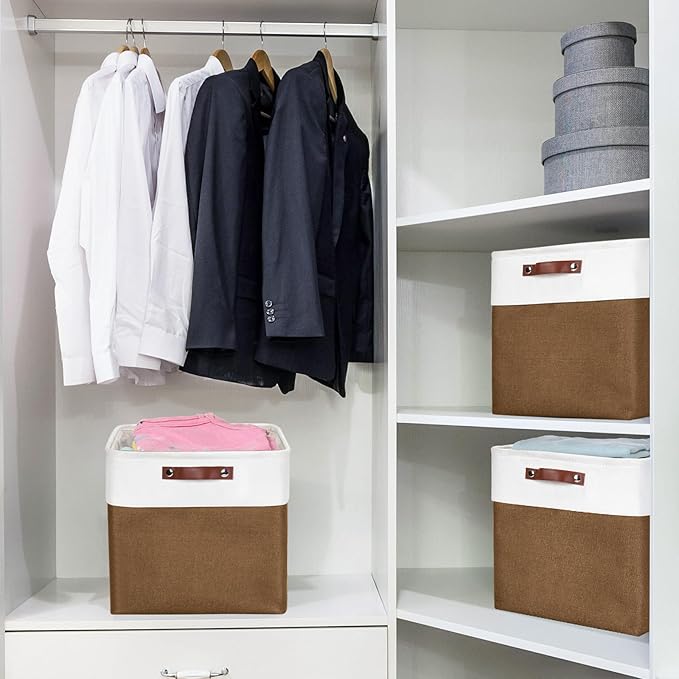 13x13 Cube Storage Bins, Collapsible Fabric Storage Box, 4 Pack Closet Baskets with Handles for Organizing, Shelf, Toys, Clothes, Home, Office, Nursery (Brown&White)-CasaMuseHome