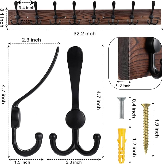 32.2'' Large Coat Rack Wall Mount Coat Hooks Coat Hanger with 8 Metal Black Triple- Hooks Brown Pine Real Wood Plank Hat Rack for Wall Hooks for Hanging Coat Hat Jacket-CasaMuseHome