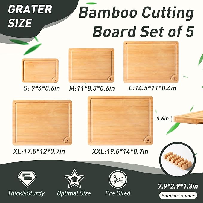 5 Packs Bamboo Cutting Board Set with Non Slip Feet Holder and Over Sink Nice Solid Thick Wood Juice Groove Chopping Board Small Big Xl XXl xlarge Oversized Kitchen Counter Organic Vegetable Meat Kit-CasaMuseHome