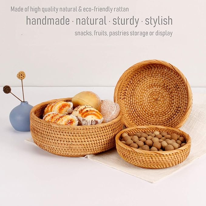 3 Pack Hadewoven Round Rattan Fruit Basket Wicker Food Tray Weaving Storage Holder Dinning Room Bowl, 10 Inch Small Wicker Basket Serving Tray Woven Basket for Bread,Snack,Brown(3-Size Kit)-CasaMuseHome