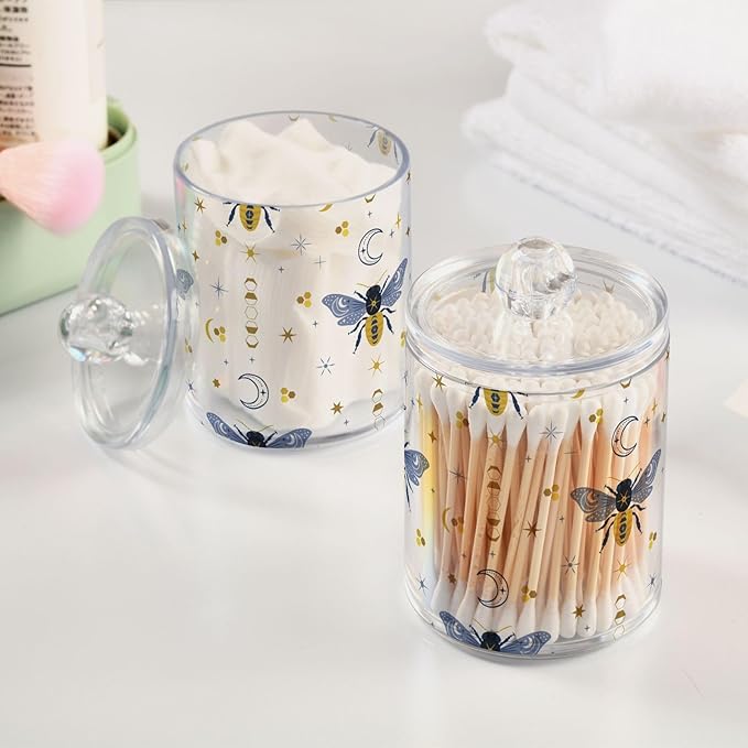 2 Pack Qtip Holder Organizer Dispenser Bee Boho Honeybee Insect Bathroom Storage Canister Cotton Ball Holder Container for Cotton Pads/Swabs/Floss-CasaMuseHome