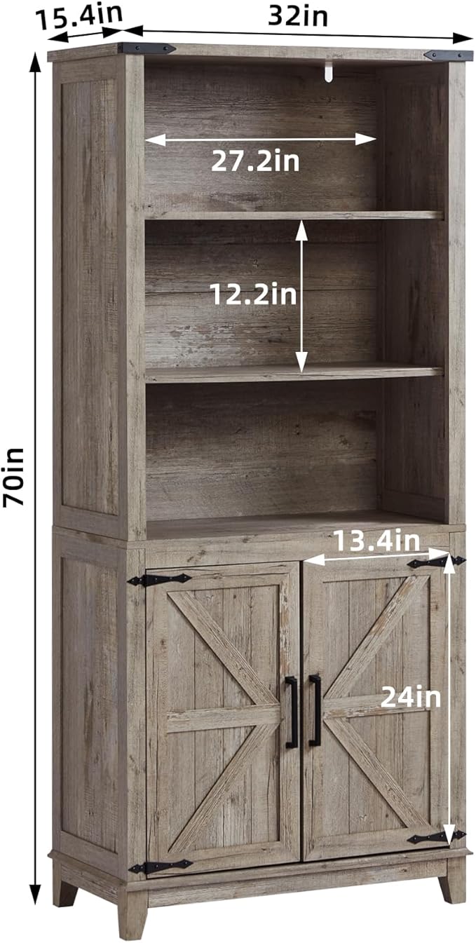 5 Tier Bookshelf 70in Tall Bookcase with Barn Doors and Storage Cabinet, Grey Farmhouse Book Shelf with Adjustable Shelves, Wood Freestanding Display Bookshelves for Bedroom, Kitchen (3PCS)-CasaMuseHome