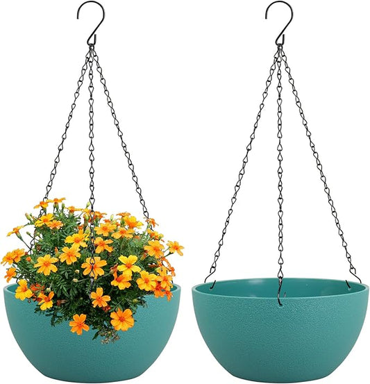 8 inch Small Hanging Planters Plant Pots for Indoor Outdoor Plants, 2 Pack Hanging Flower Pots with Drainage Holes and Chain for Garden, Plastic Hanging Baskets for House Plants, Blue Green-CasaMuseHome