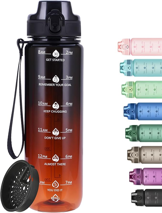 32oz Motivational Water Bottles with Time Marker & Fruit Strainer, Transparent Gradient Color Water Bottle with Times to Drink, Leakproof & BPA Free, Reusable Bottle with Strap (No Straw)-CasaMuseHome