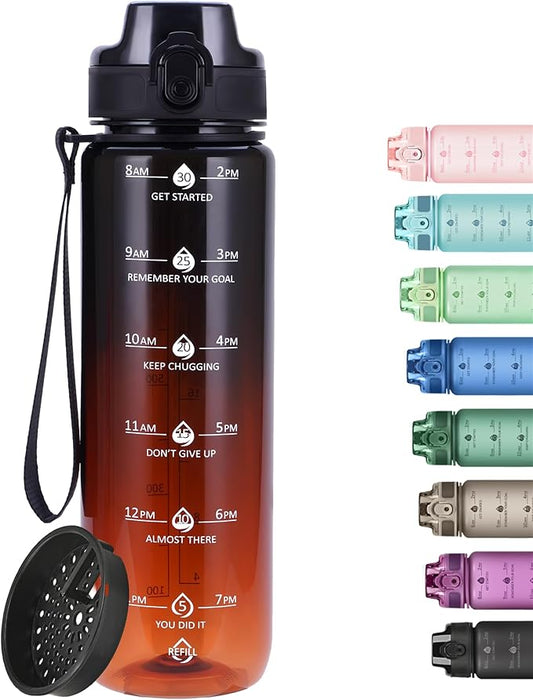 32oz Motivational Water Bottles with Time Marker & Fruit Strainer, Transparent Gradient Color Water Bottle with Times to Drink, Leakproof & BPA Free, Reusable Bottle with Strap (No Straw)-CasaMuseHome