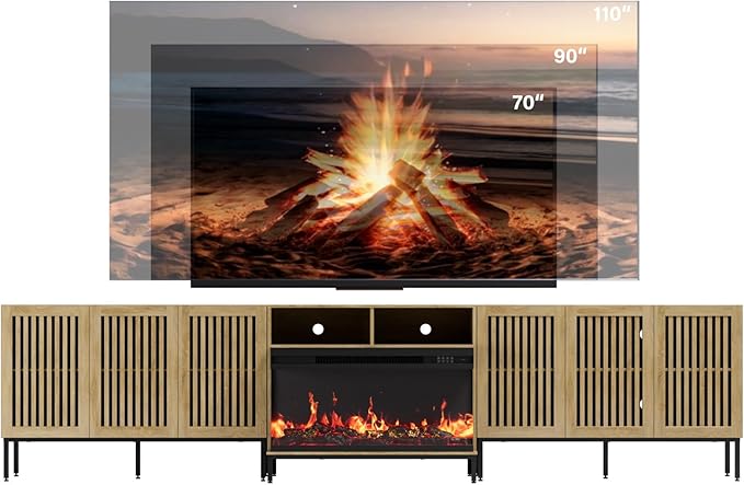 3-Sided Glass Farmhouse Fireplace TV Stand for TVs Up to 110 Inch, Oak Entertainment Center with 36" Electric Fireplace, TV Console with Storage Cabinets for Living Room-CasaMuseHome