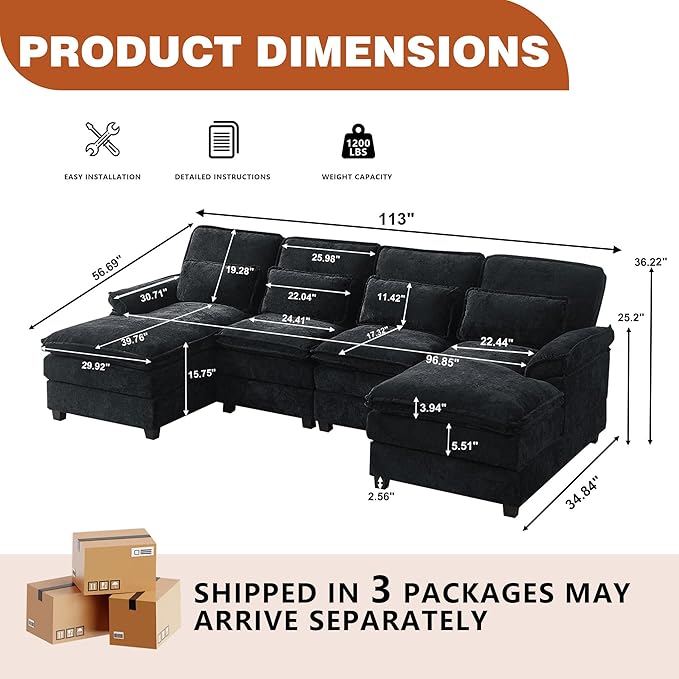 113" Oversized Cloud Couch, U Shape Sectional 4 Seat Sofa with Double Chaises, 2 Layer Cusions, Deep Seat Comfy Sofa, Upholstery Chenille Fabric for Living Room, Black-CasaMuseHome