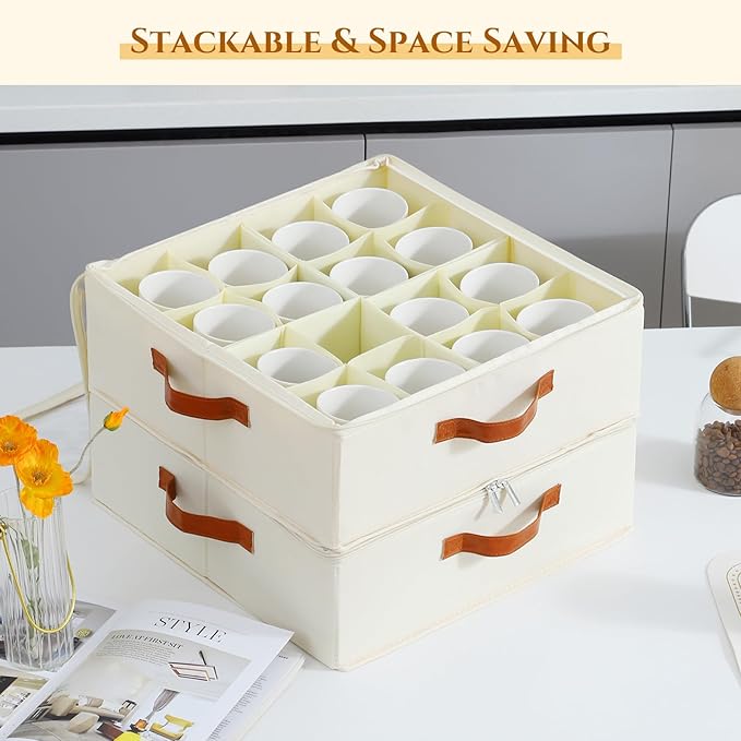 2 Pack Cup and Mug Storage Box with Dividers and Hard Shell, Stackable Coffee Cup Storage Organizer with Lid, Zipper, and Handles for Coffee Mugs, Cups, Glasses, Stemware Storage Containers for Moving-CasaMuseHome