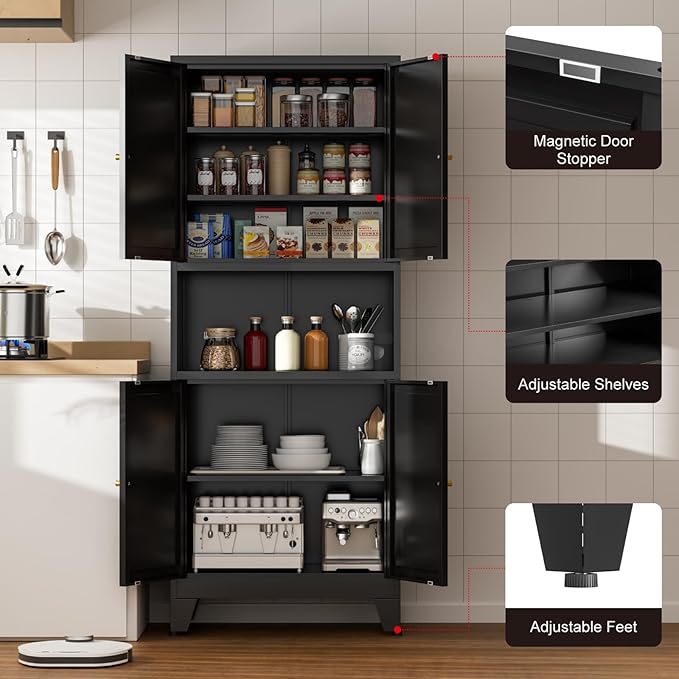 69" Tall Kitchen Pantry Cabinet, Metal Storage Cabinet with 4 Doors and Adjustbale Shelves, Freestanding Cupboards for Dining Room, Living Room, Bathroom-CasaMuseHome