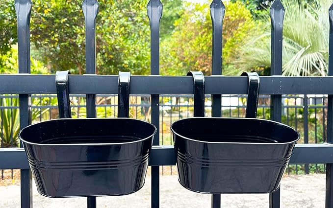 2 Pack Metal Hanging Planter for Outdoor Plants, 10 Inch Black Fence Planters Railing Pots for Garden Patio Balcony Decor, Flower Bucket with Detachable Hooks (Black, 2Pcs)-CasaMuseHome