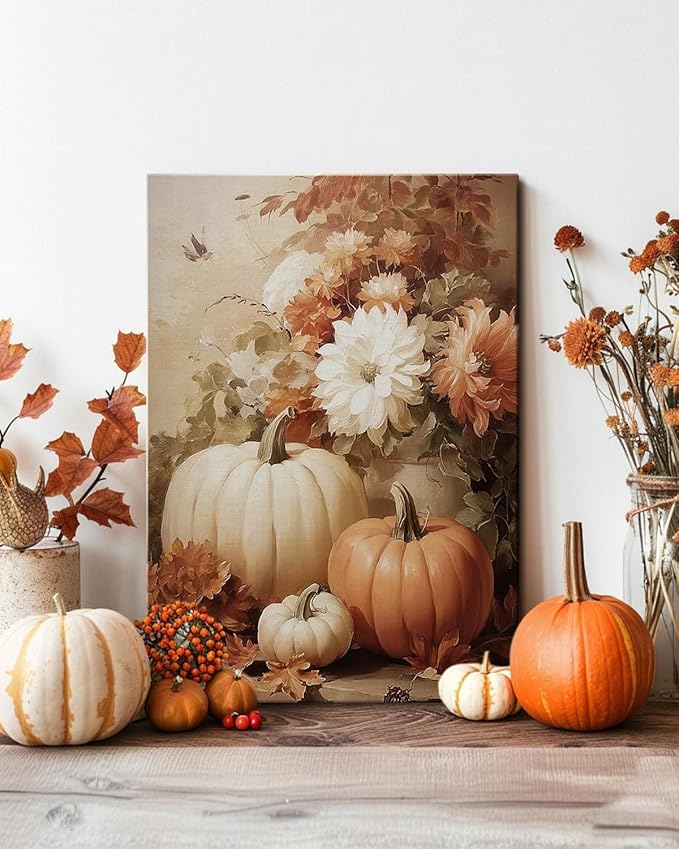 AbcCustomize Vintage Pumpkin Floral Wall Art Decor, Rustic Fall Daisy Flowers Canvas Print for Farmhouse Autumn Decor, Thanksgiving Decorations for Living Room Kitchen Dining Room, Ready to Hang-CasaMuseHome